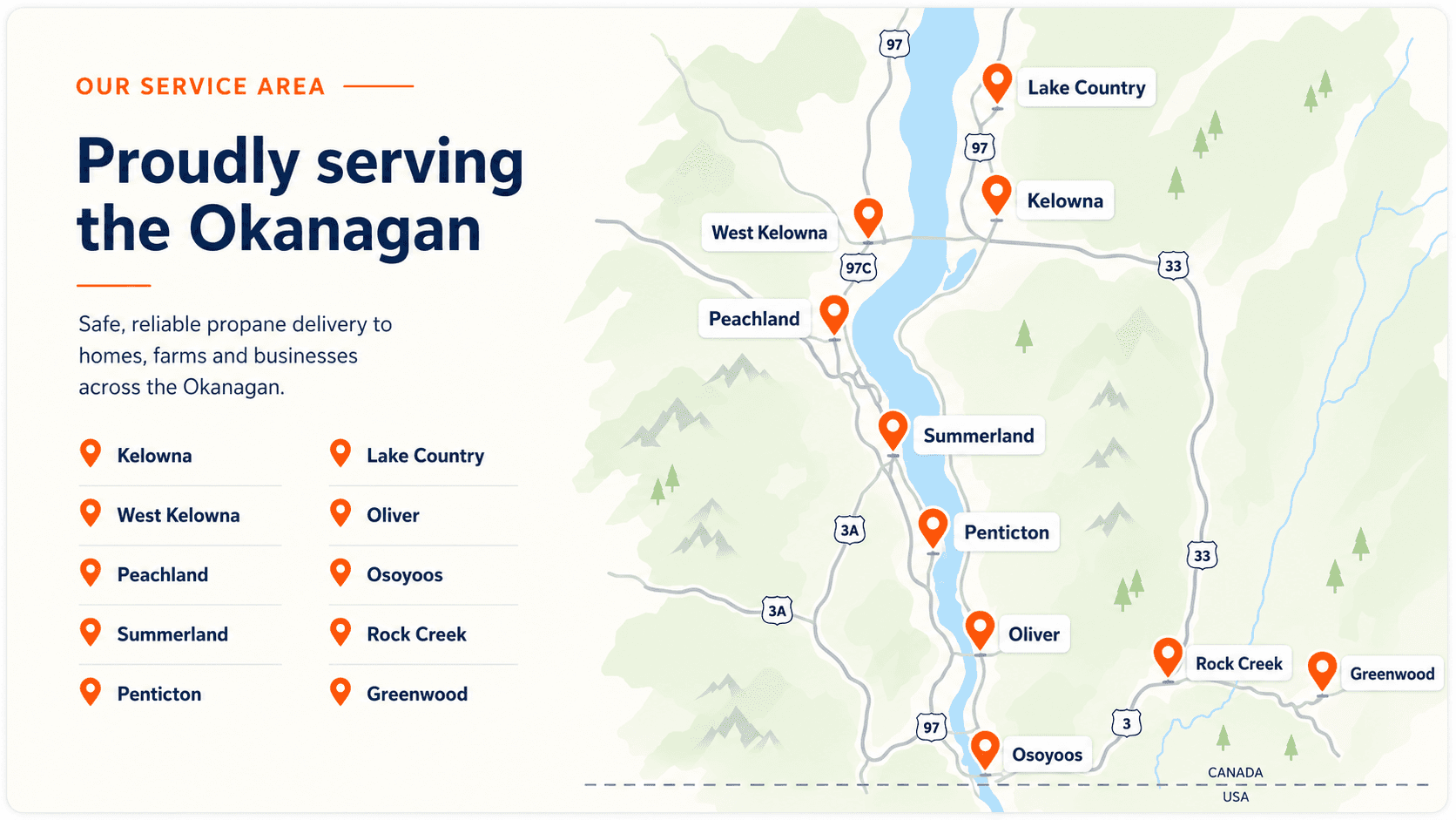 Canco Propane service area map showing Kelowna, West Kelowna, Peachland, Summerland, Penticton, Lake Country, Oliver, Osoyoos, Rock Creek, and Greenwood.